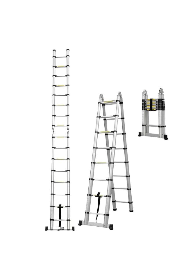 A Tipi Teleskopik Alüminyum Merdiven | 8+8 Basamak 2.5+2.5m Uzayan Kaymaz Güvenli